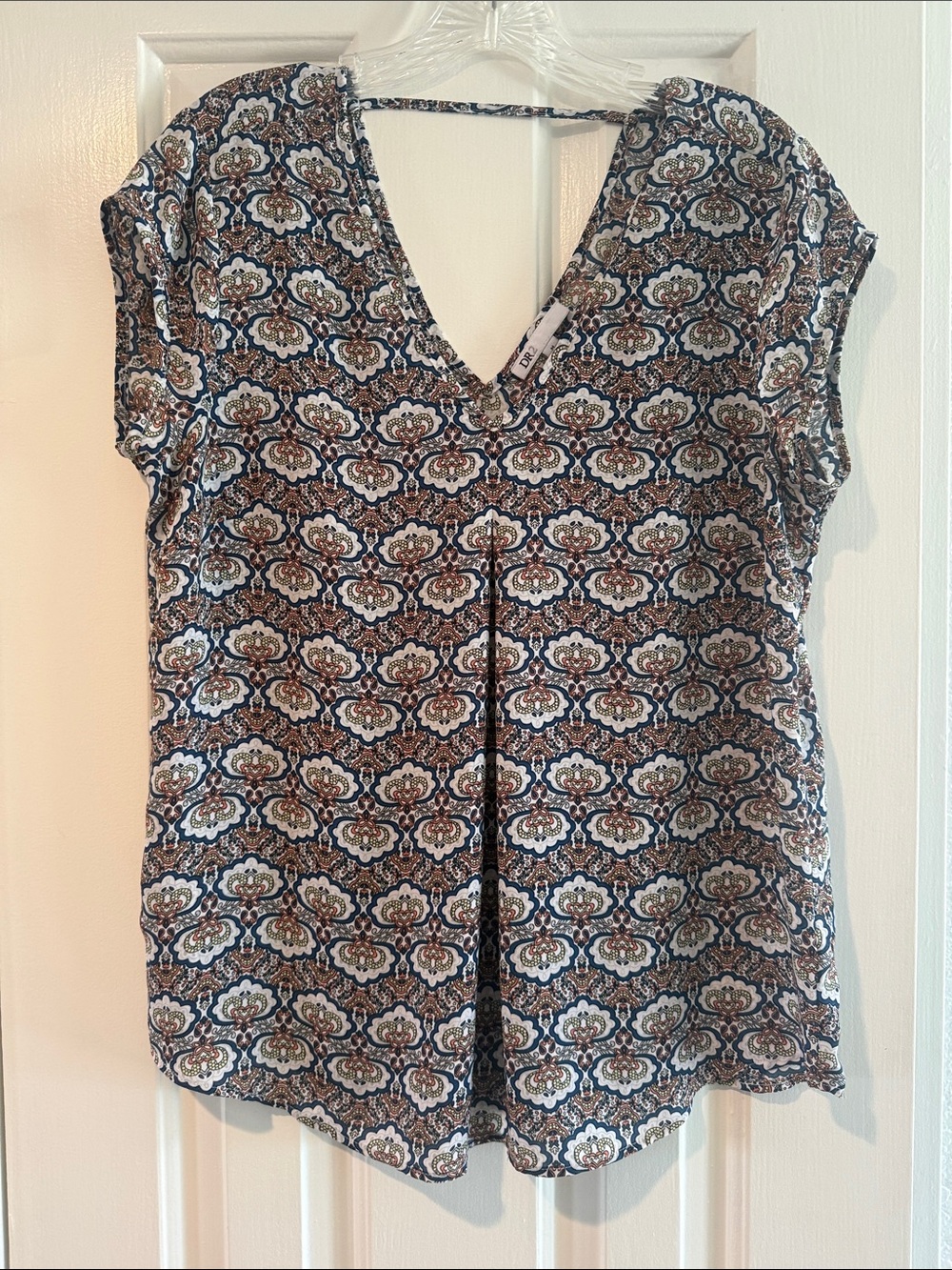 DR2 Navy and White Printed V-Neck Blouse M